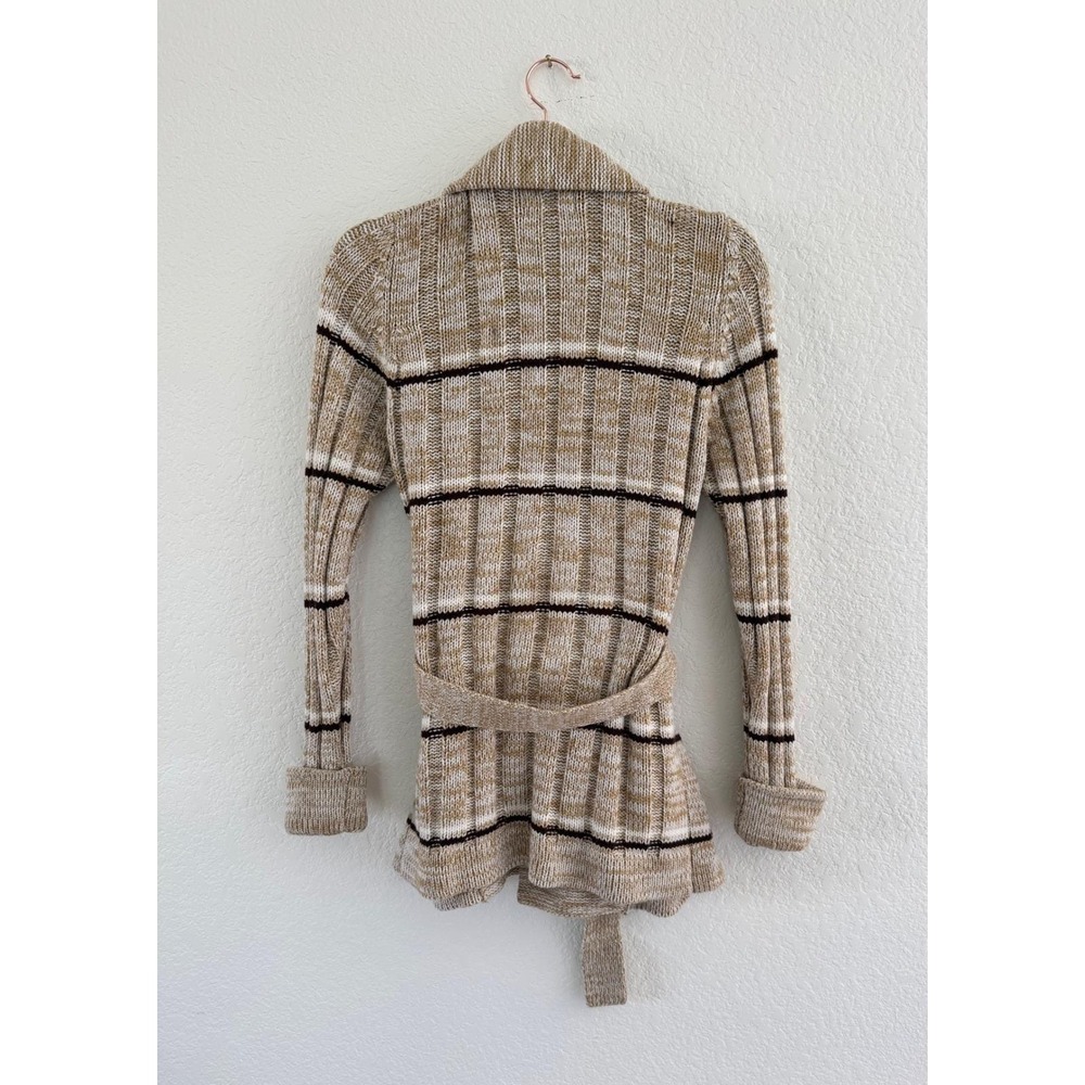 Corliss Vintage Women Knit Cardigan Shawl Collar Belted Pockets Beige Brown - Picture 2 of 9